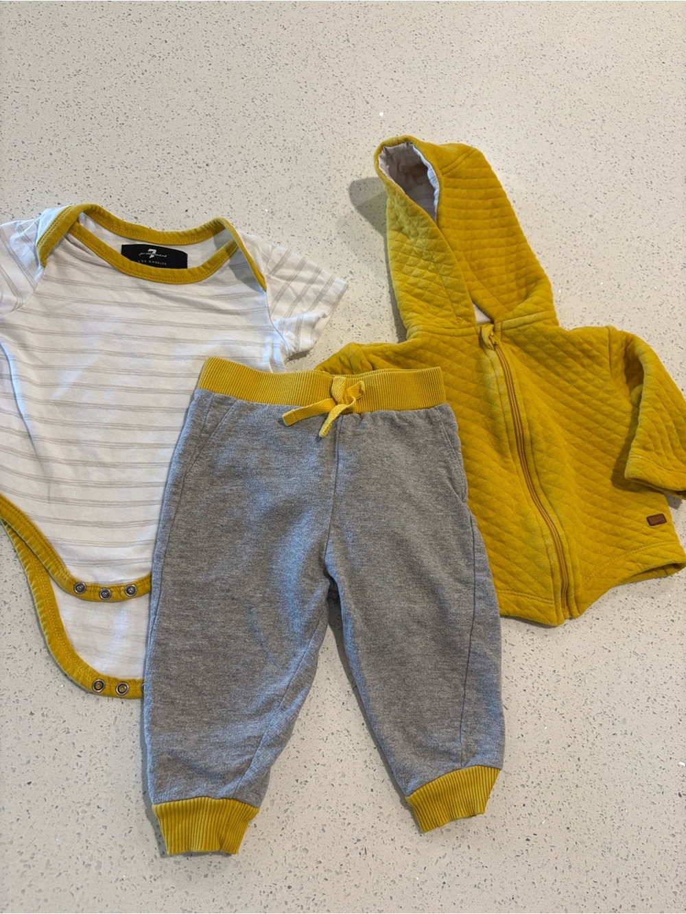 Striped White & Mustard Baby One-Piece Set with Quilted Yellow Hoodie 3-6 Months